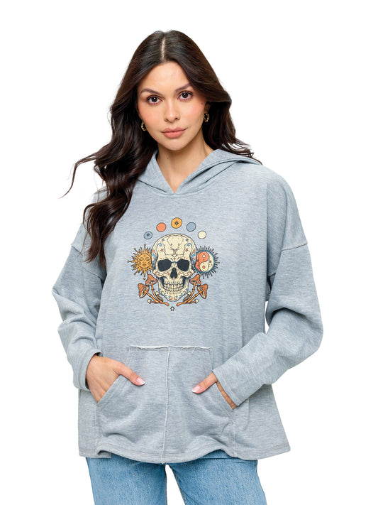 Hoodie Boho Celestial Mushroom Skull Print