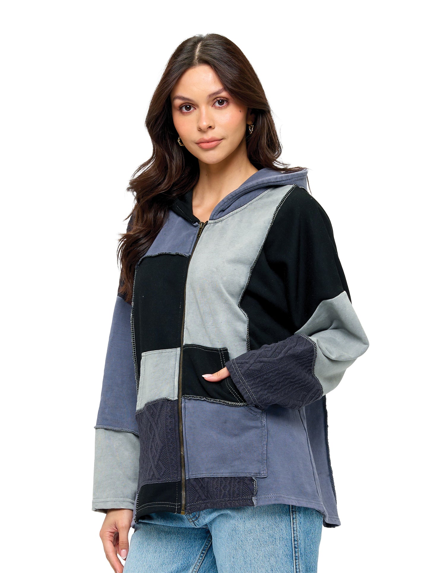 Zip-up Hooded Jacket Colorblock Patchwork