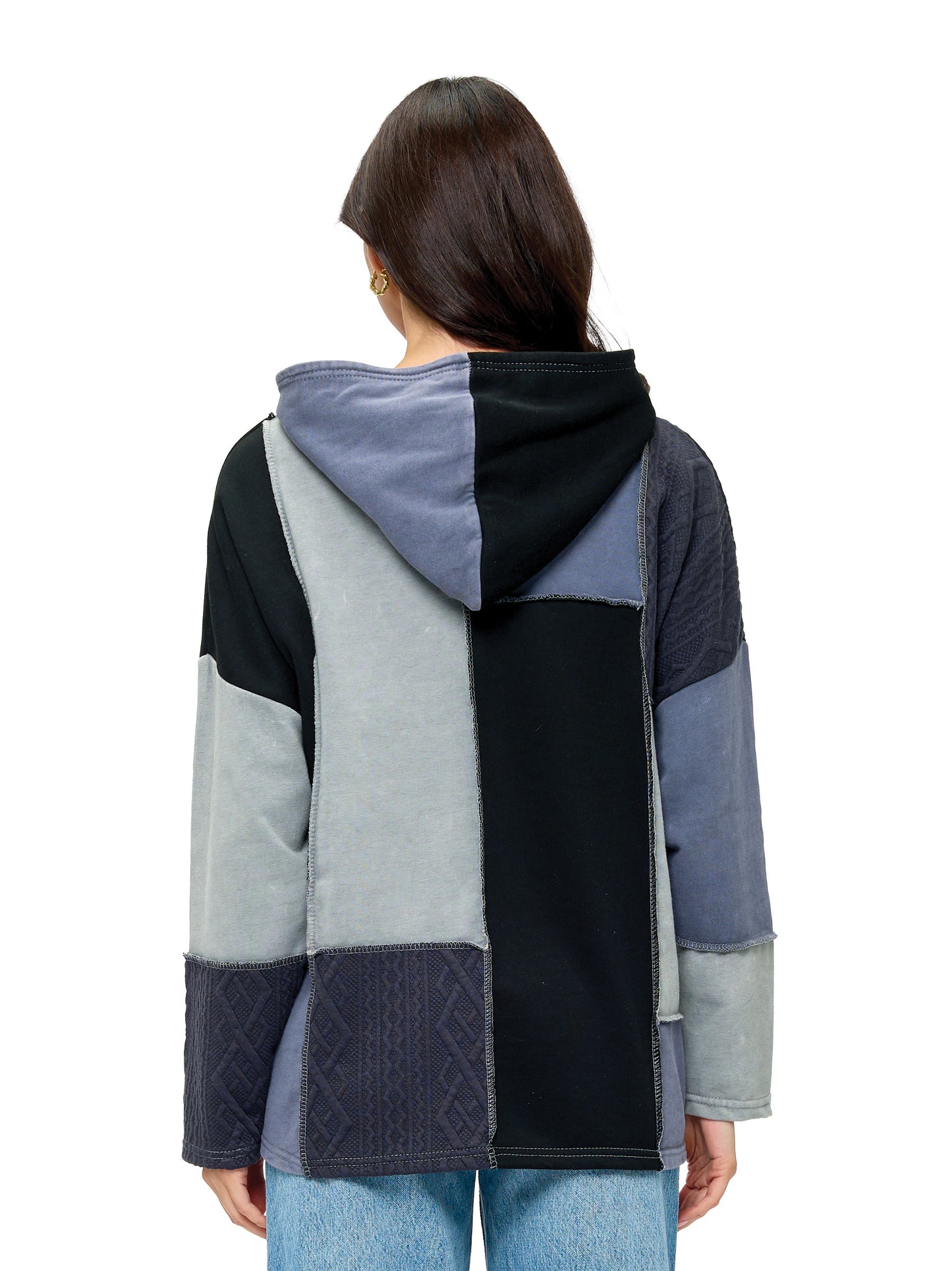 Zip-up Hooded Jacket Colorblock Patchwork