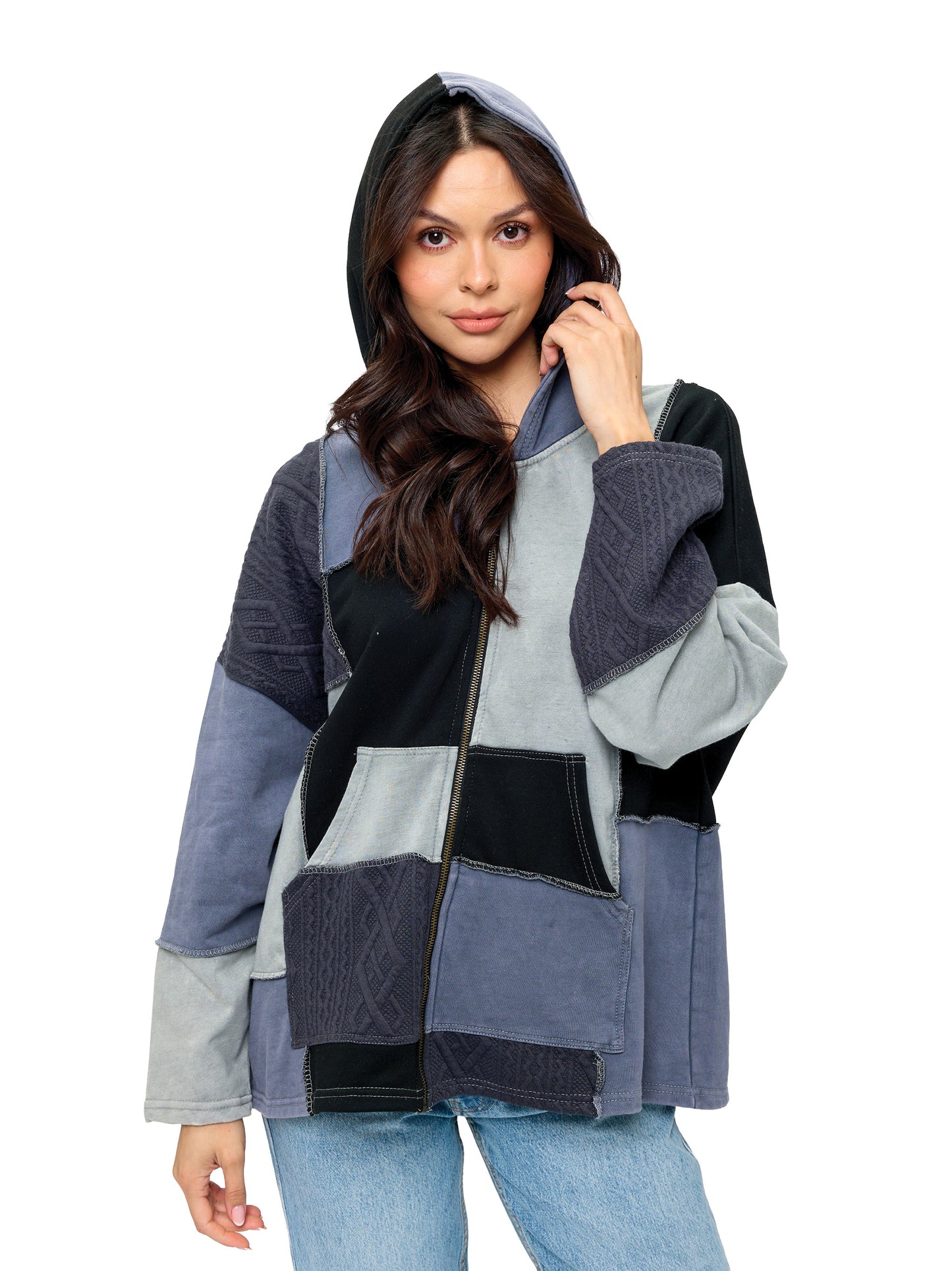 Zip-up Hooded Jacket Colorblock Patchwork