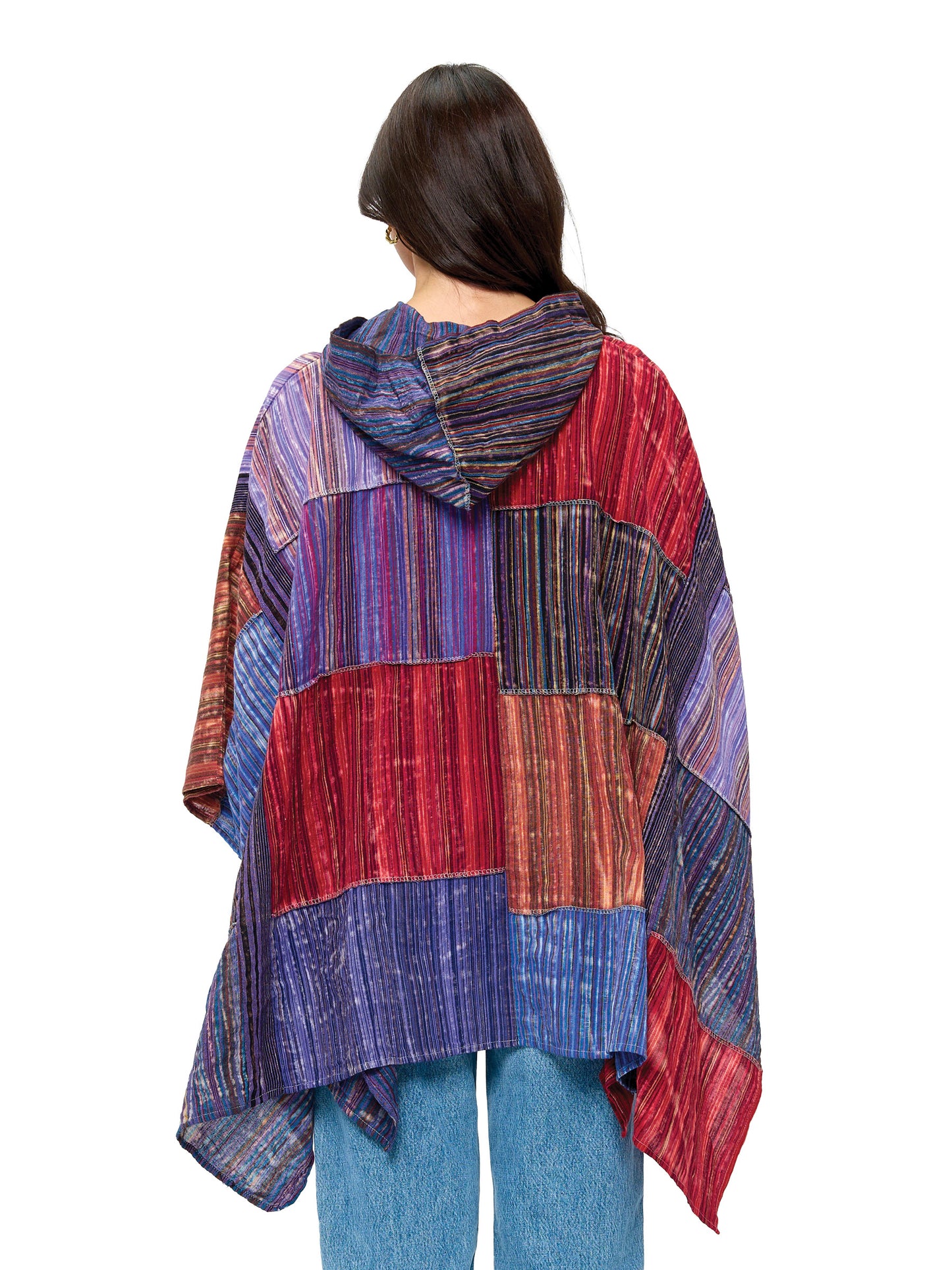 Hooded Poncho Patchwork Brush Washed