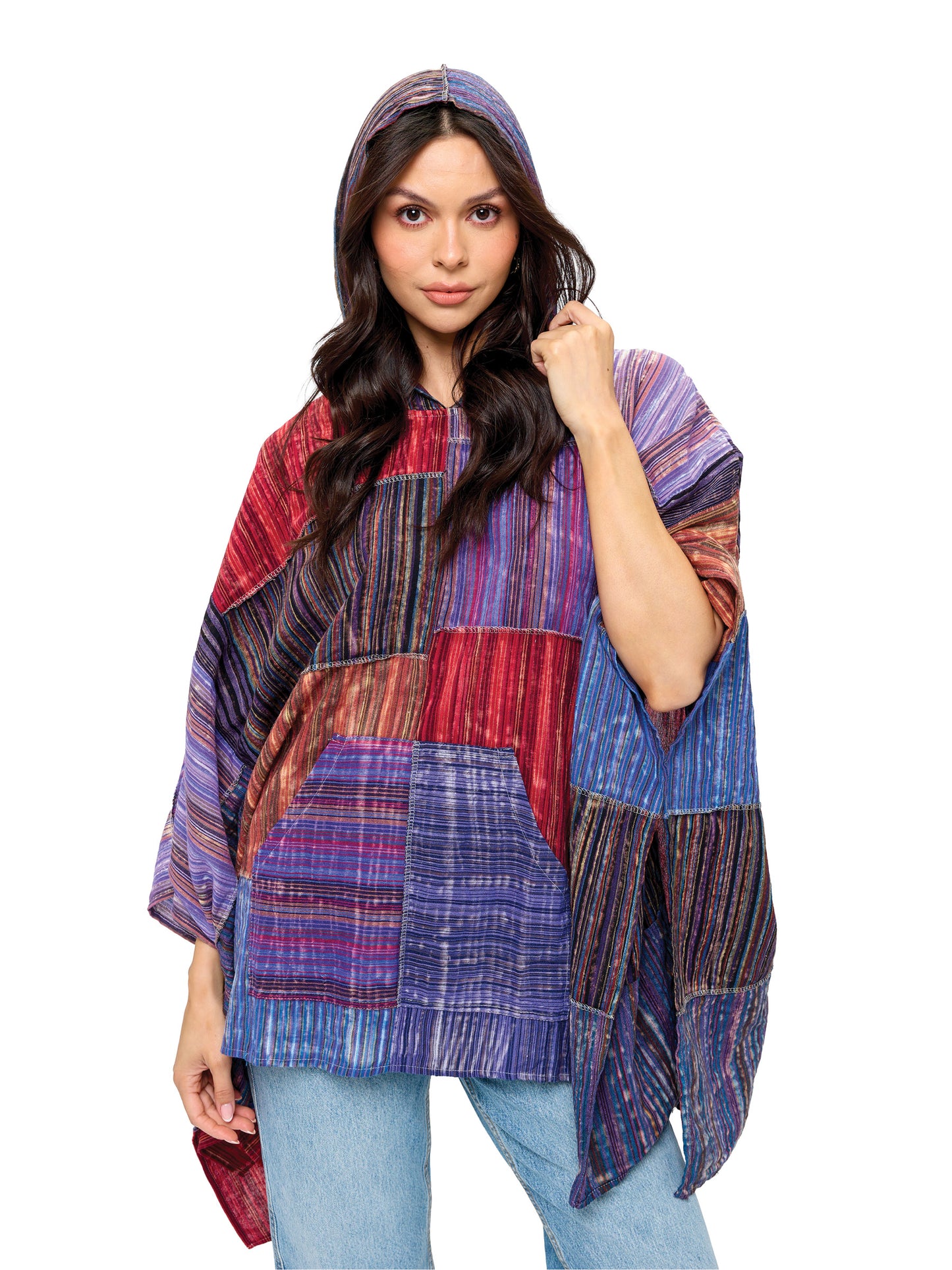 Hooded Poncho Patchwork Brush Washed