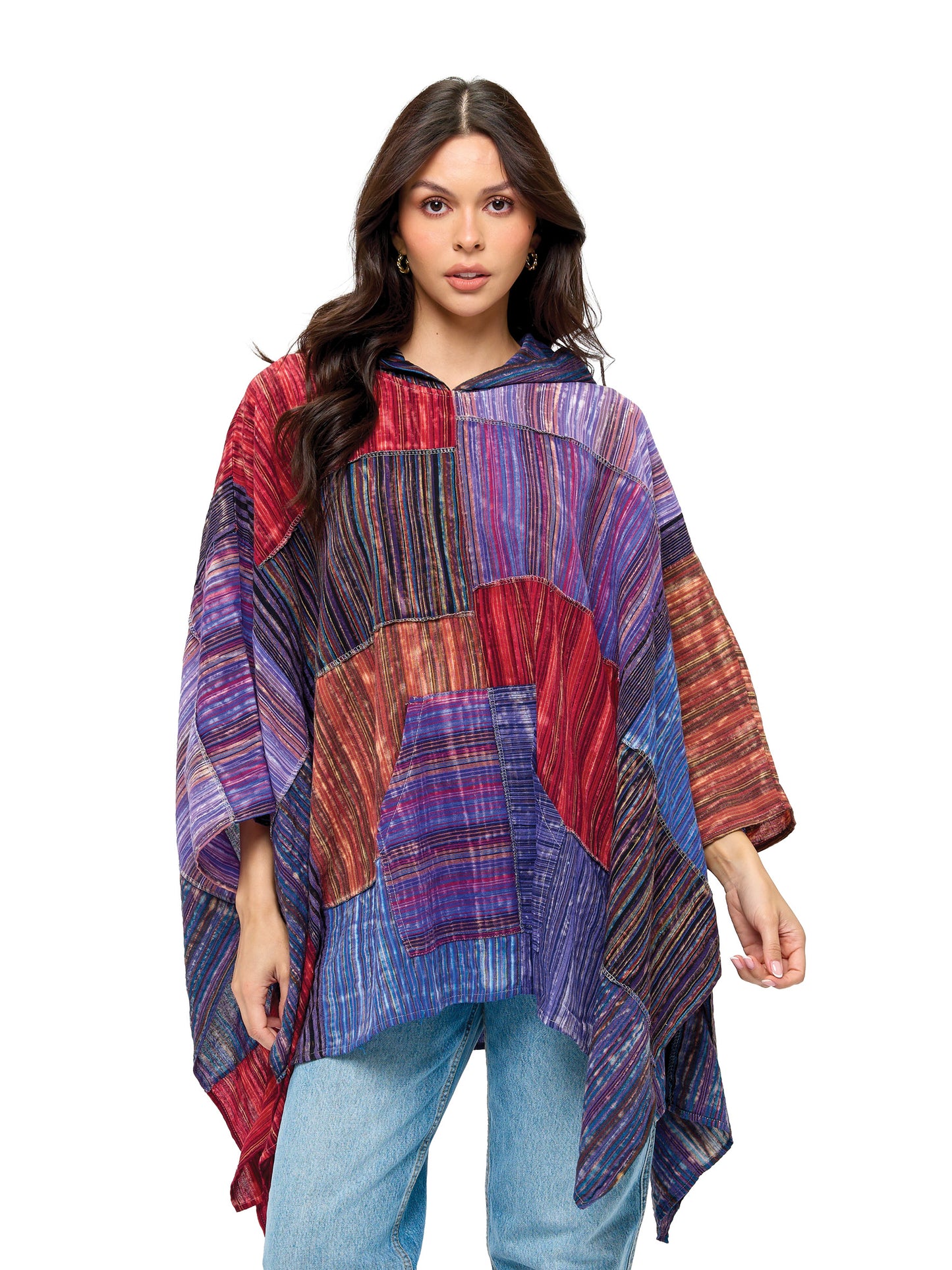 Hooded Poncho Patchwork Brush Washed