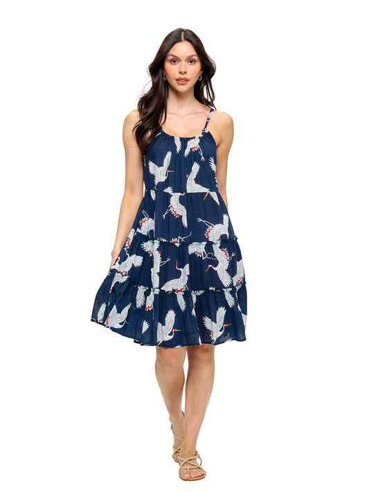Breezy Ruffled Crane Print Dress