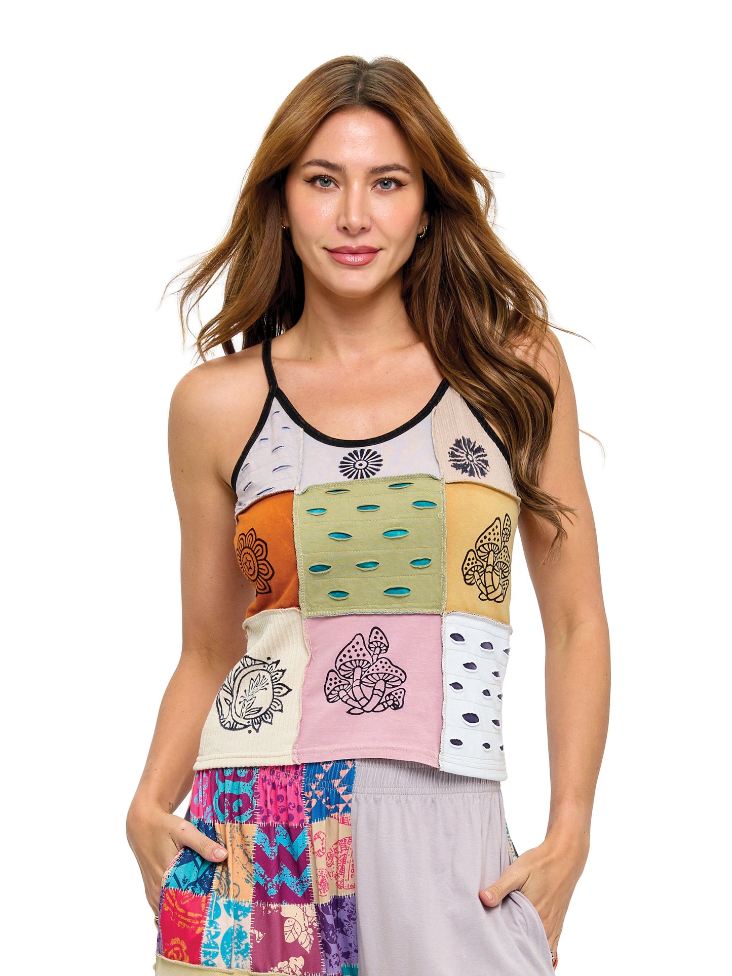 Hippie Tank Top Patchwork Razor-Cut Block Print