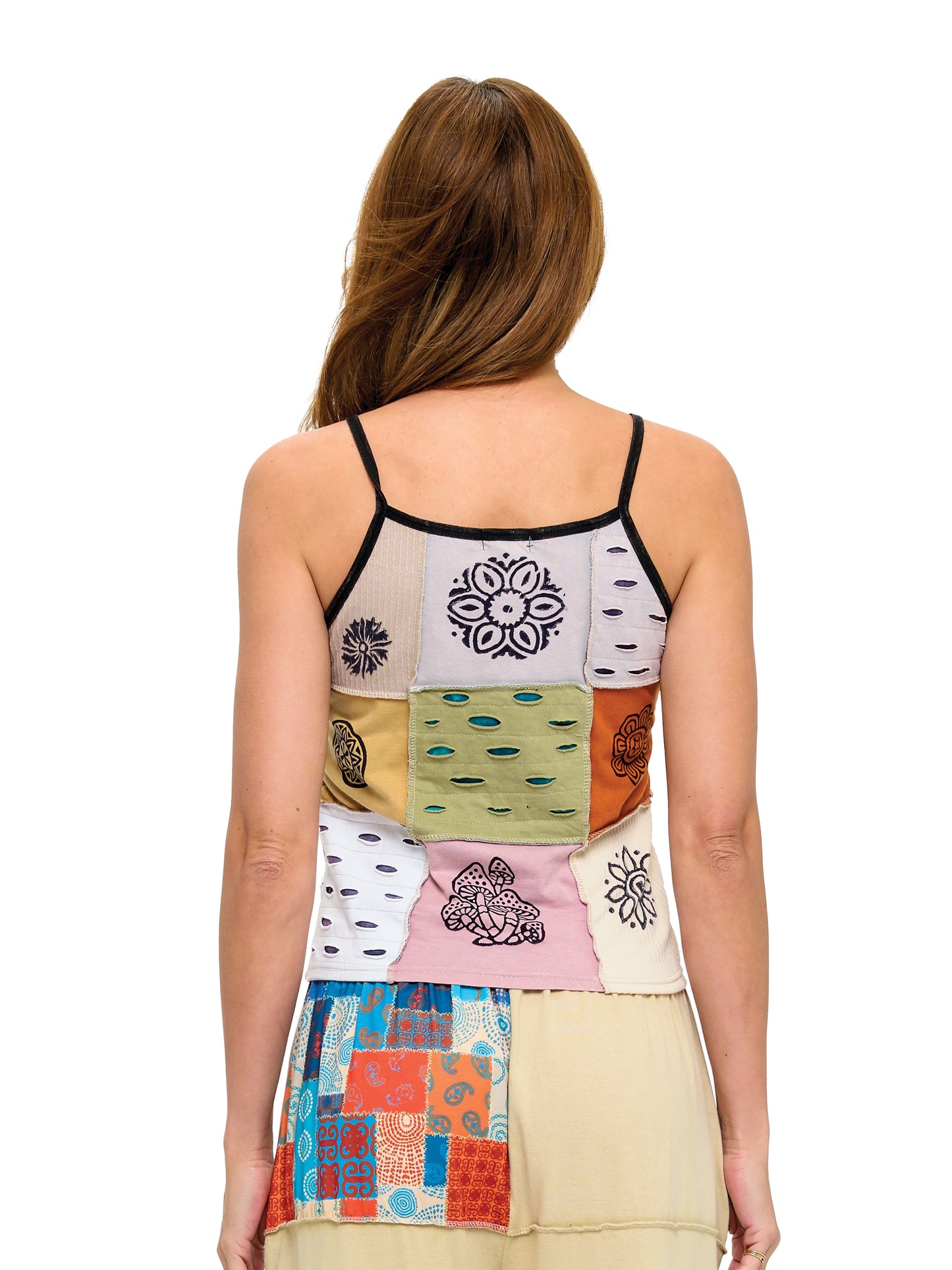 Hippie Tank Top Patchwork Razor-Cut Block Print