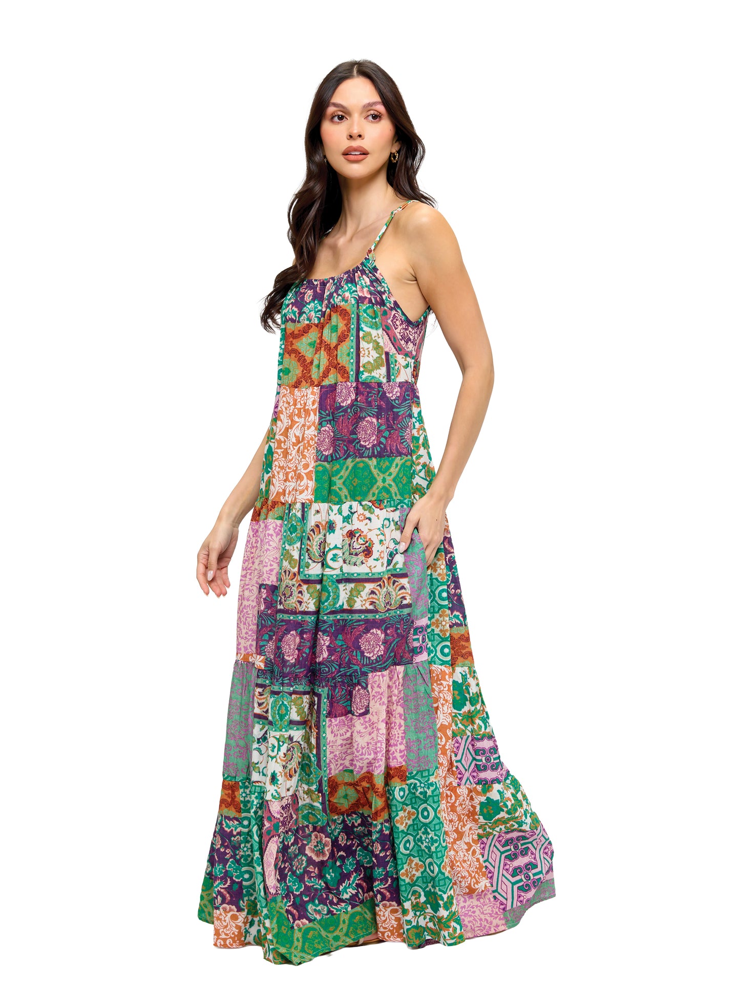Boho Floral Patchwork Print Tiered Maxi Dress