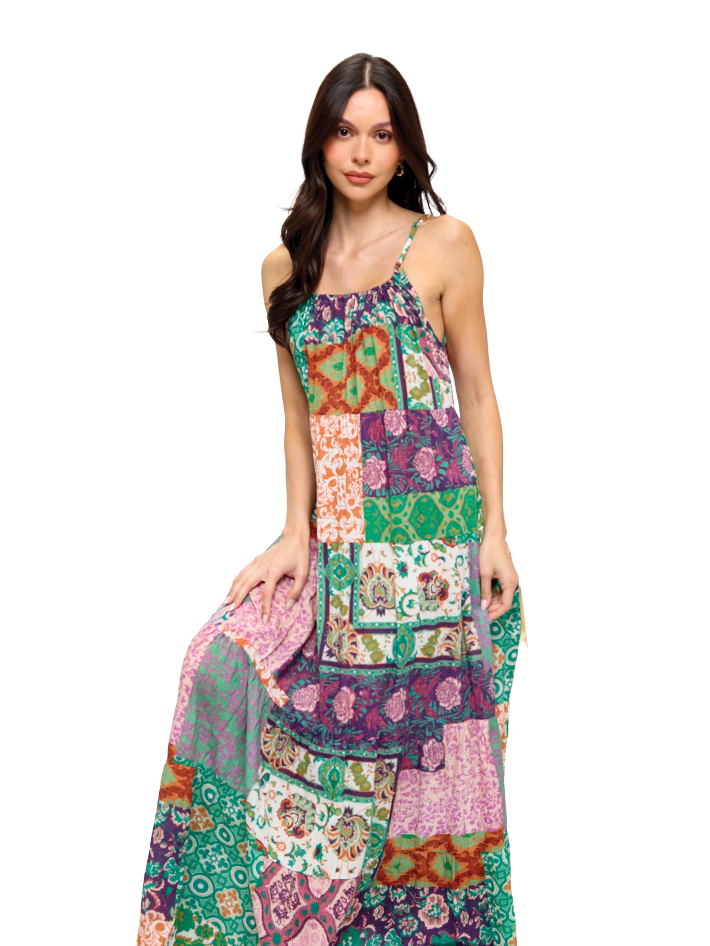 Boho Floral Patchwork Print Tiered Maxi Dress