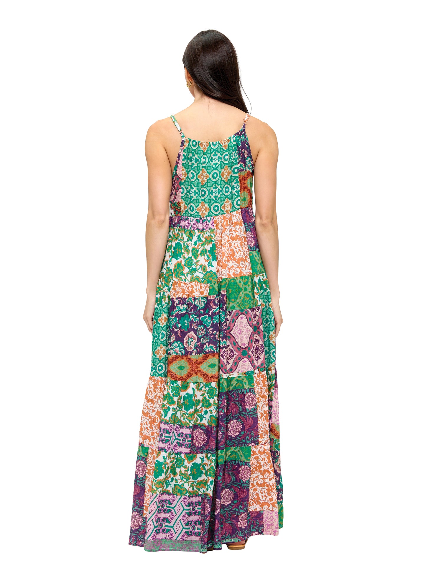 Boho Floral Patchwork Print Tiered Maxi Dress