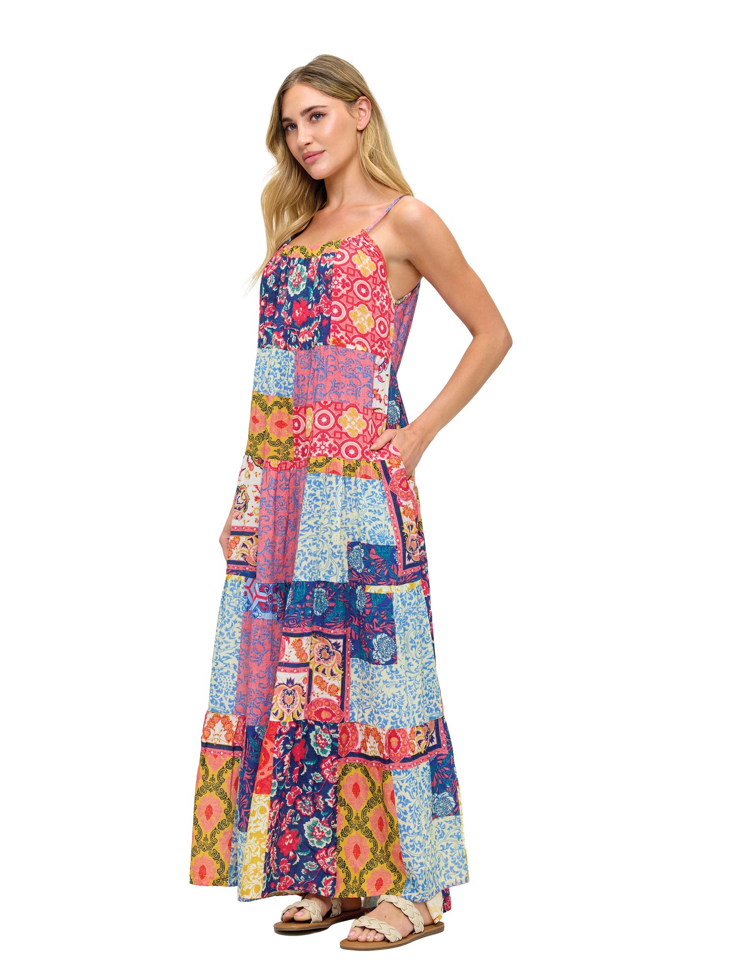Boho Floral Patchwork Print Tiered Maxi Dress