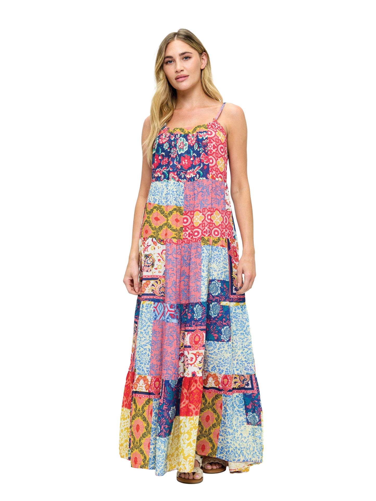 Boho Floral Patchwork Print Tiered Maxi Dress
