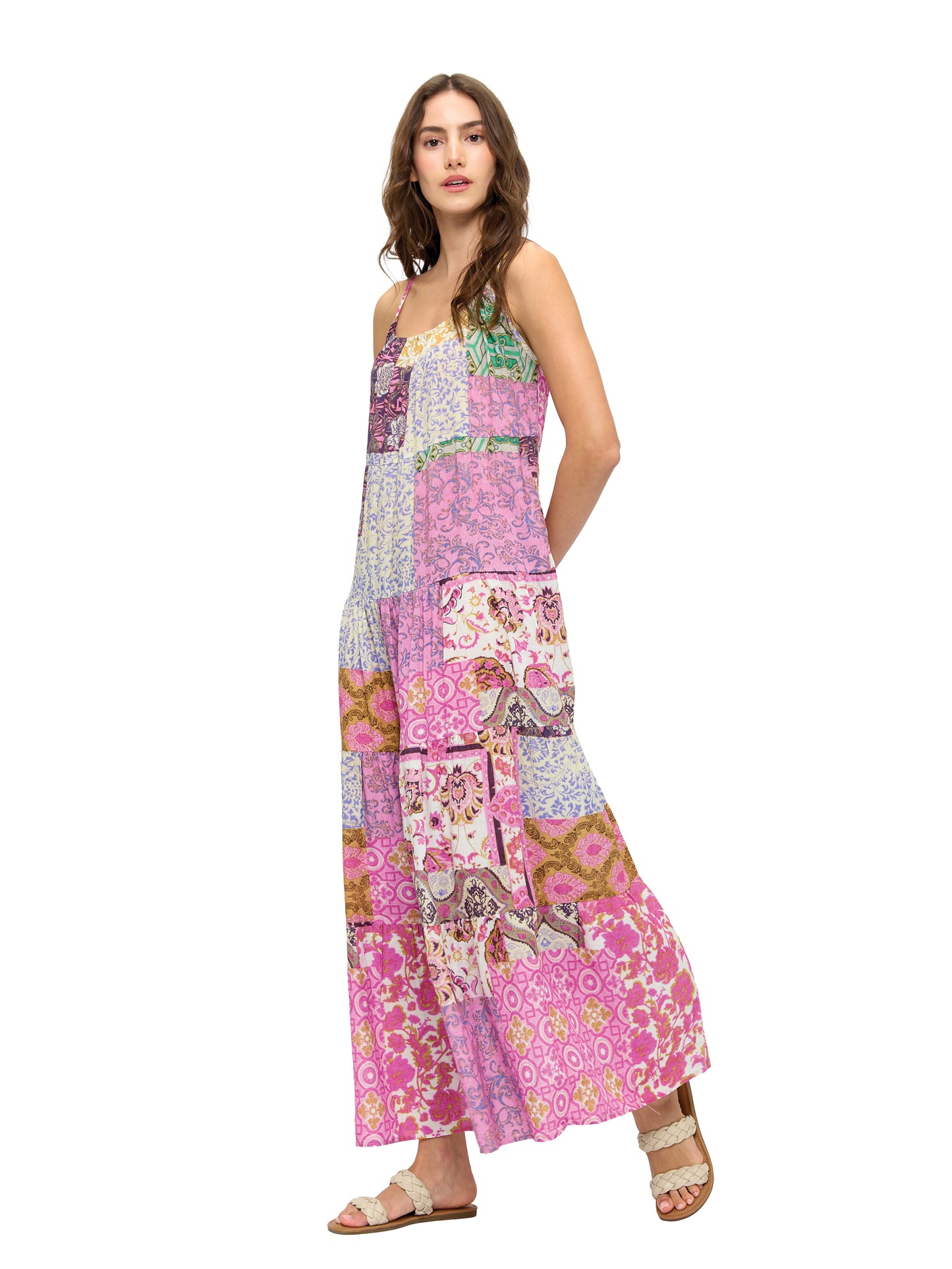 Boho Floral Patchwork Print Tiered Maxi Dress