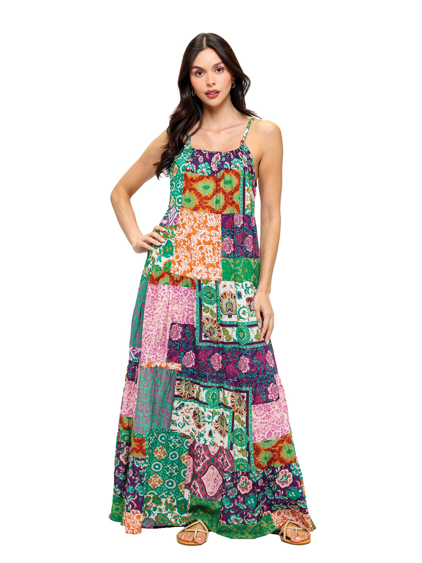 Boho Floral Patchwork Print Tiered Maxi Dress