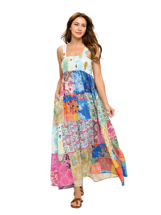 Boho Floral Patchwork Print Tiered Maxi Dress