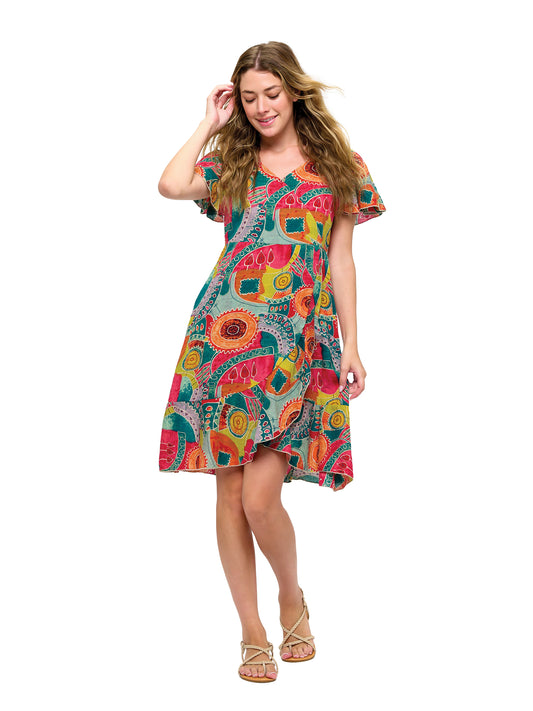 Retro Inspired Whimsical Print Overlap Dress