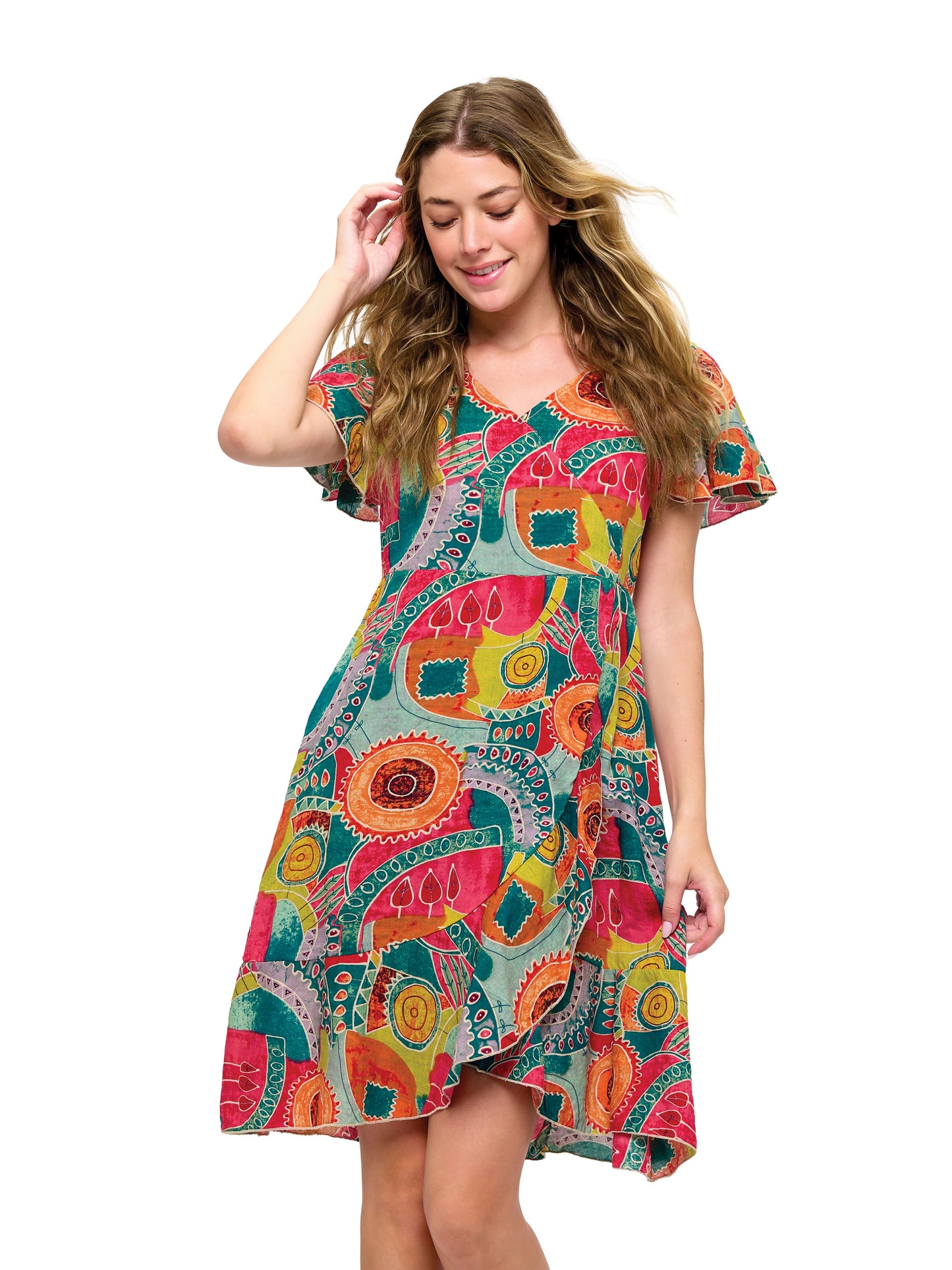Retro Inspired Whimsical Print Overlap Dress