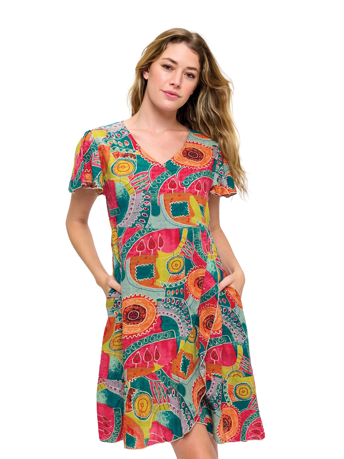 Retro Inspired Whimsical Print Overlap Dress