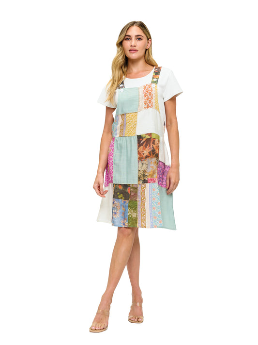 Boho Print Patch Work Overall Dress