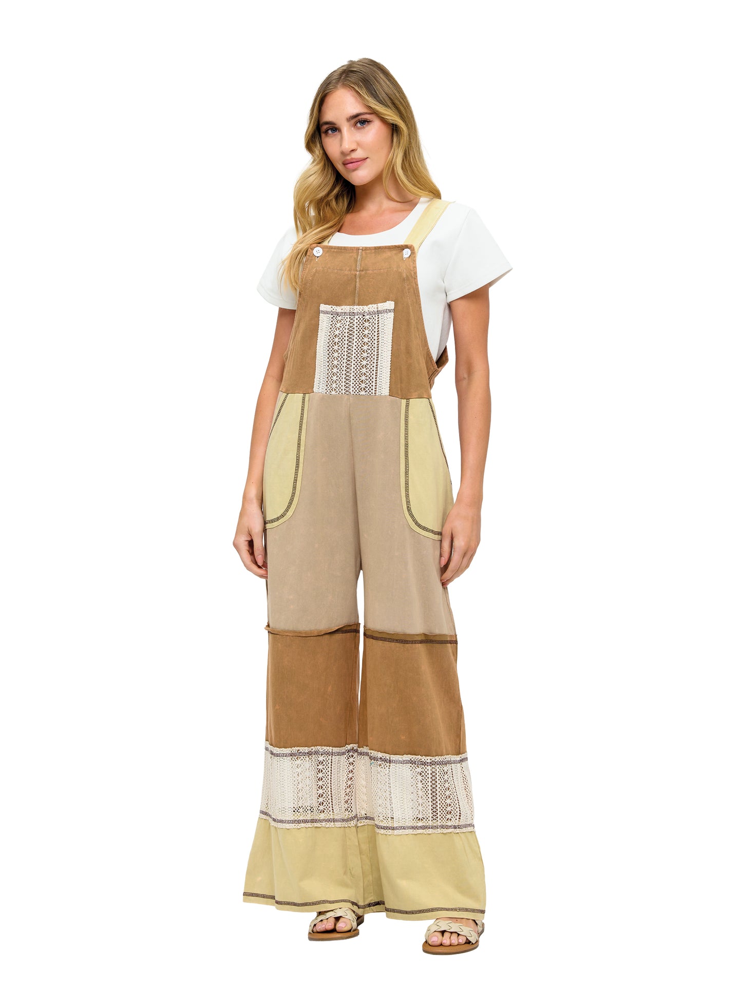 Earthy Color Patchwork Overall Lace Crochet Details