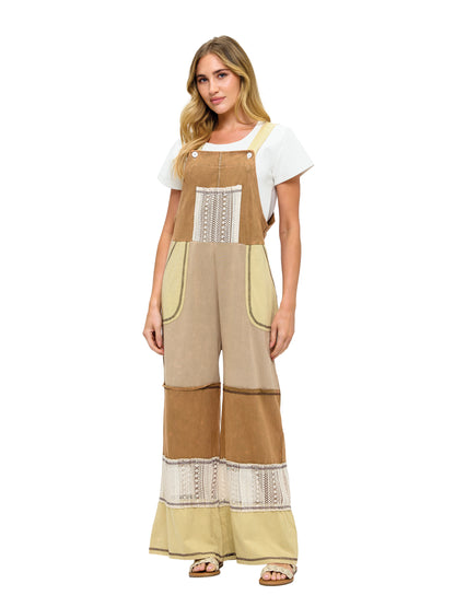 Earthy Color Patchwork Overall Lace Crochet Details