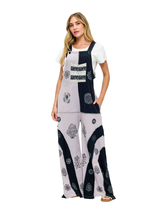 Mushroom Print Colorblock Vintage Washed Overall
