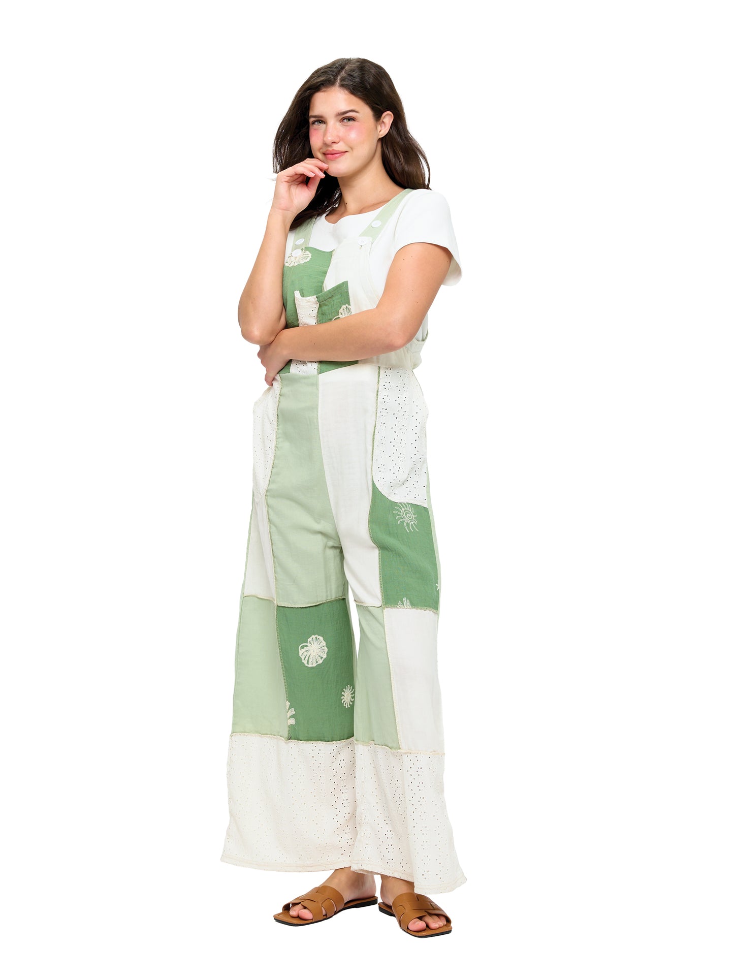 Green Patchwork Boho Broderie Applique Overall