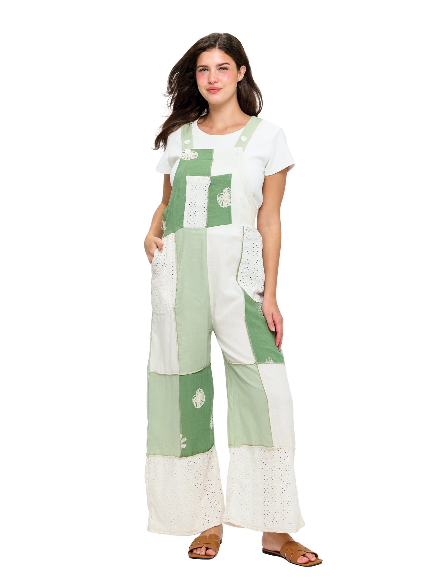 Green Patchwork Boho Broderie Applique Overall