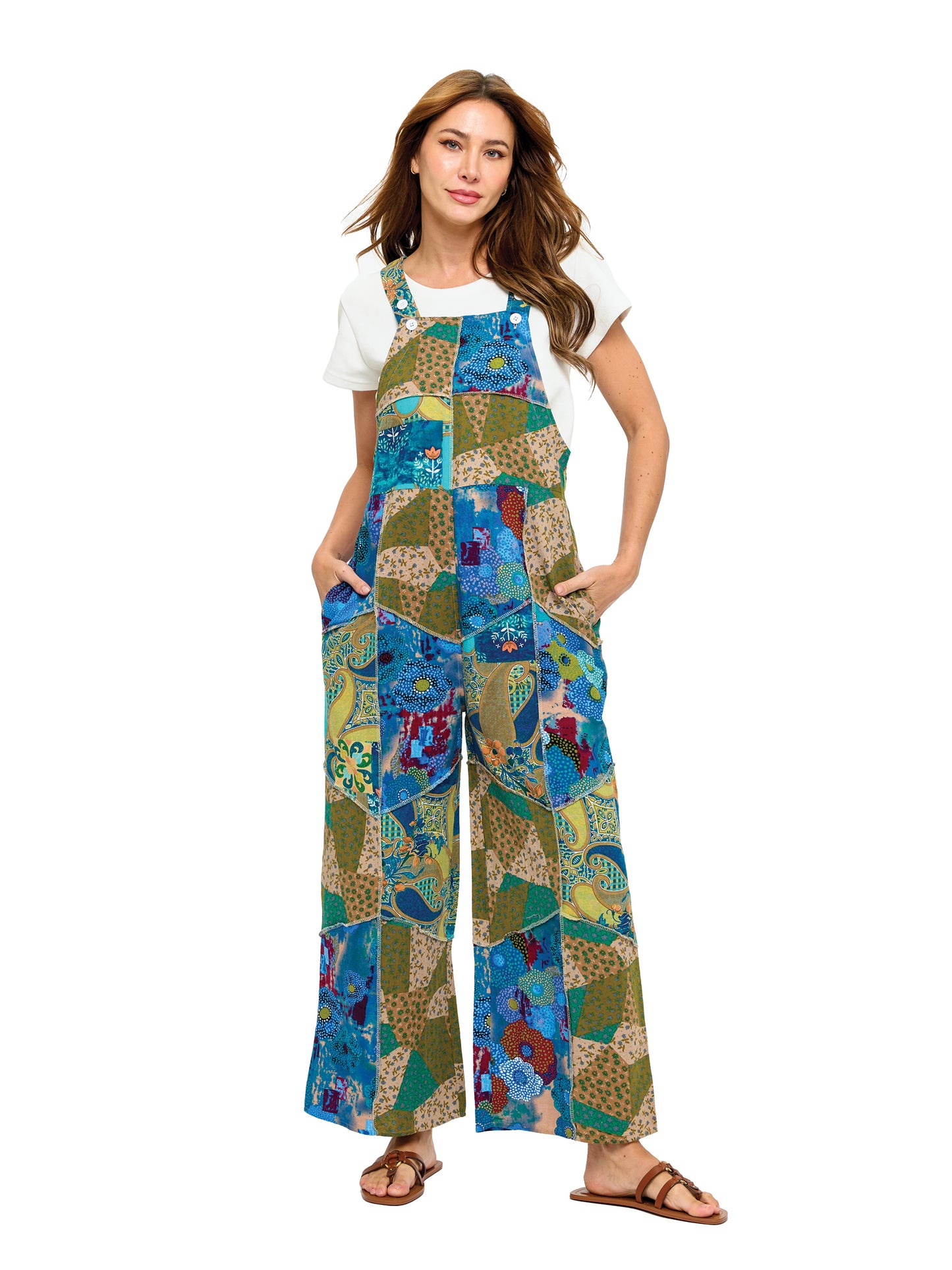 Flowy Wide Leg Printed Patchwork Overall