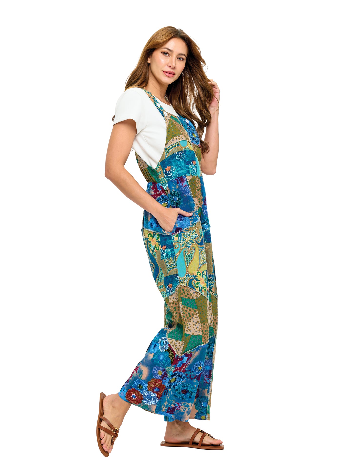 Flowy Wide Leg Printed Patchwork Overall