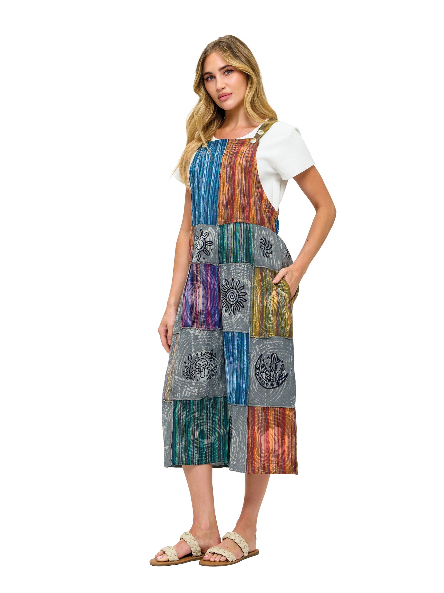 Boho Patchwork Hand Painted Striped Midi Overall