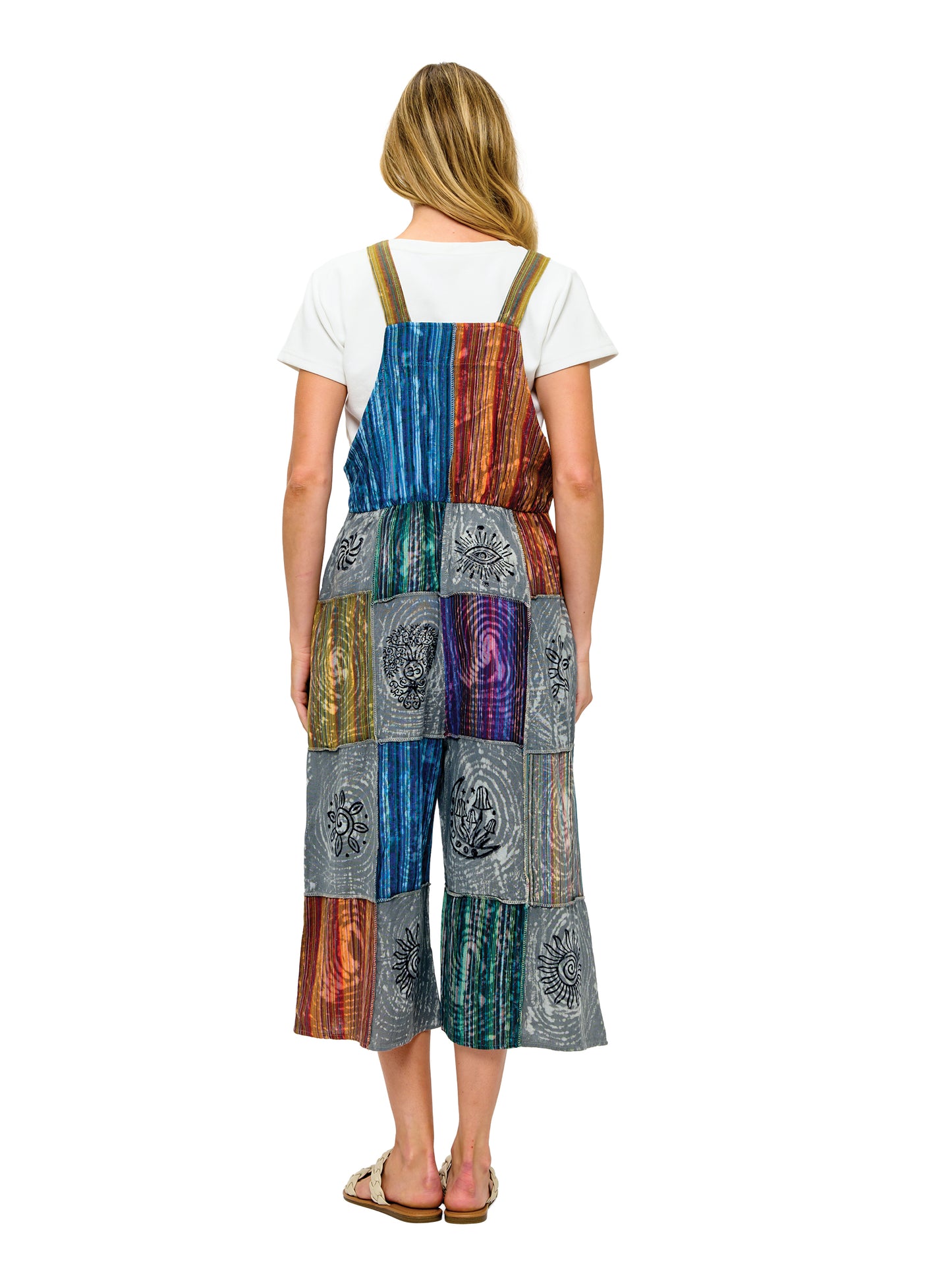 Boho Patchwork Hand Painted Striped Midi Overall