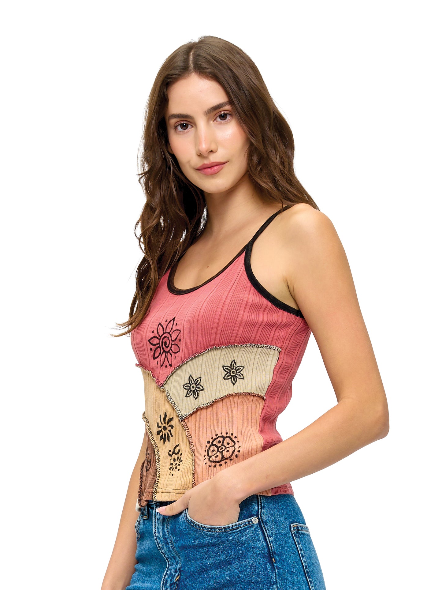 Boho Patchwork Ribbed Tank Top Art Painted