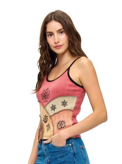 Boho Patchwork Ribbed Tank Top Art Painted
