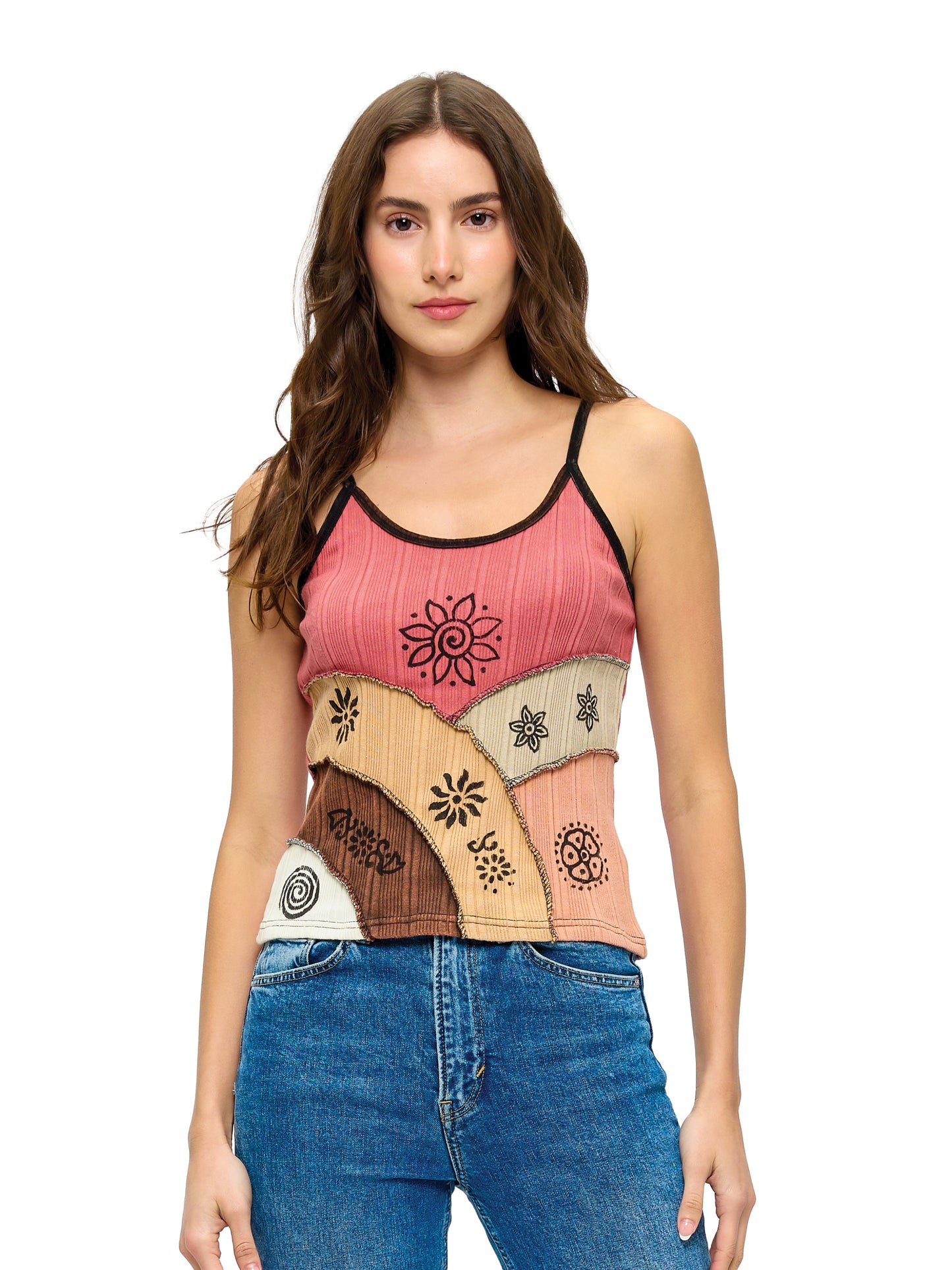 Boho Patchwork Ribbed Tank Top Art Painted