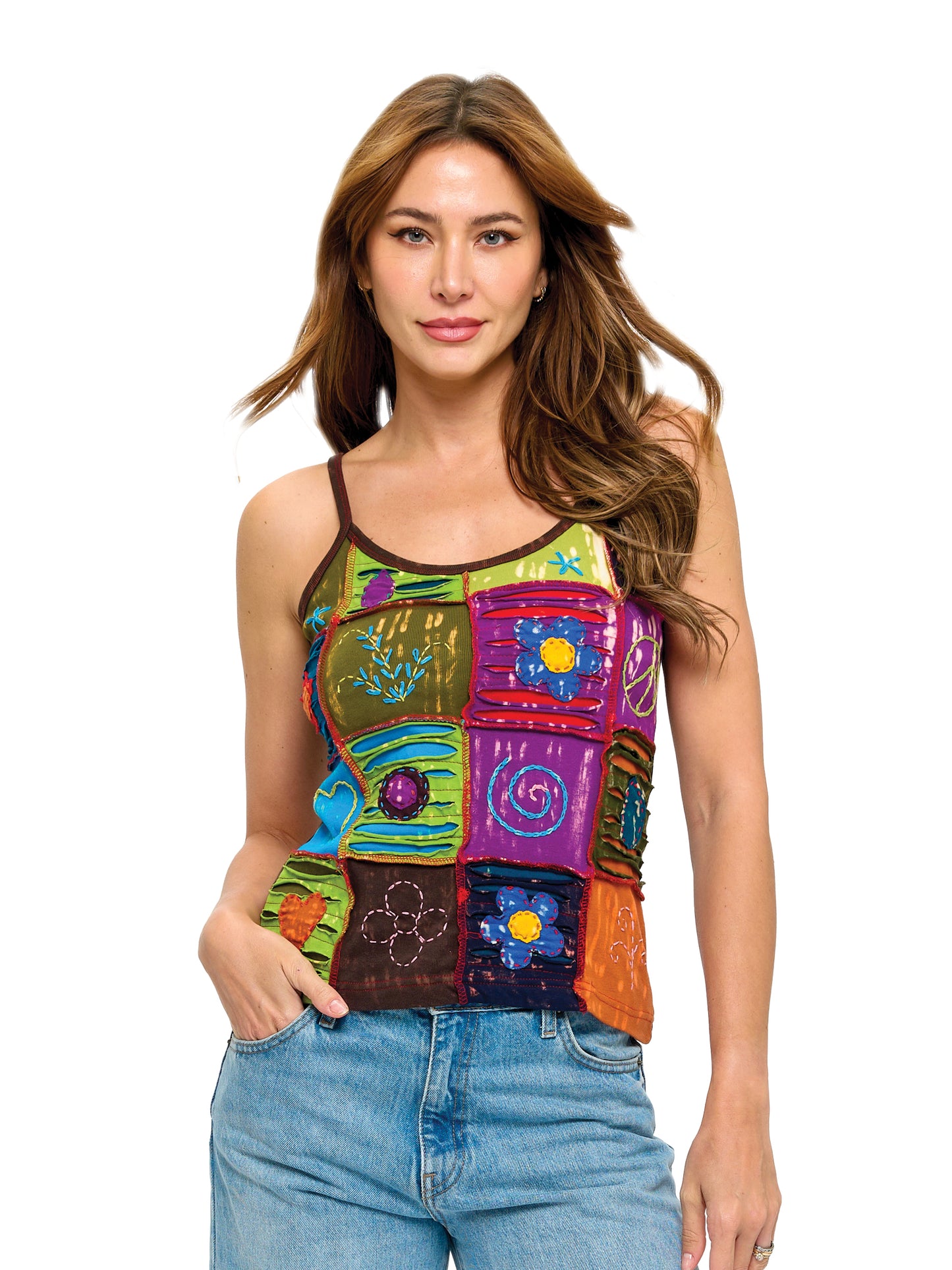 Boho Razor Cut Hand Embroidered Patch Tank Top
