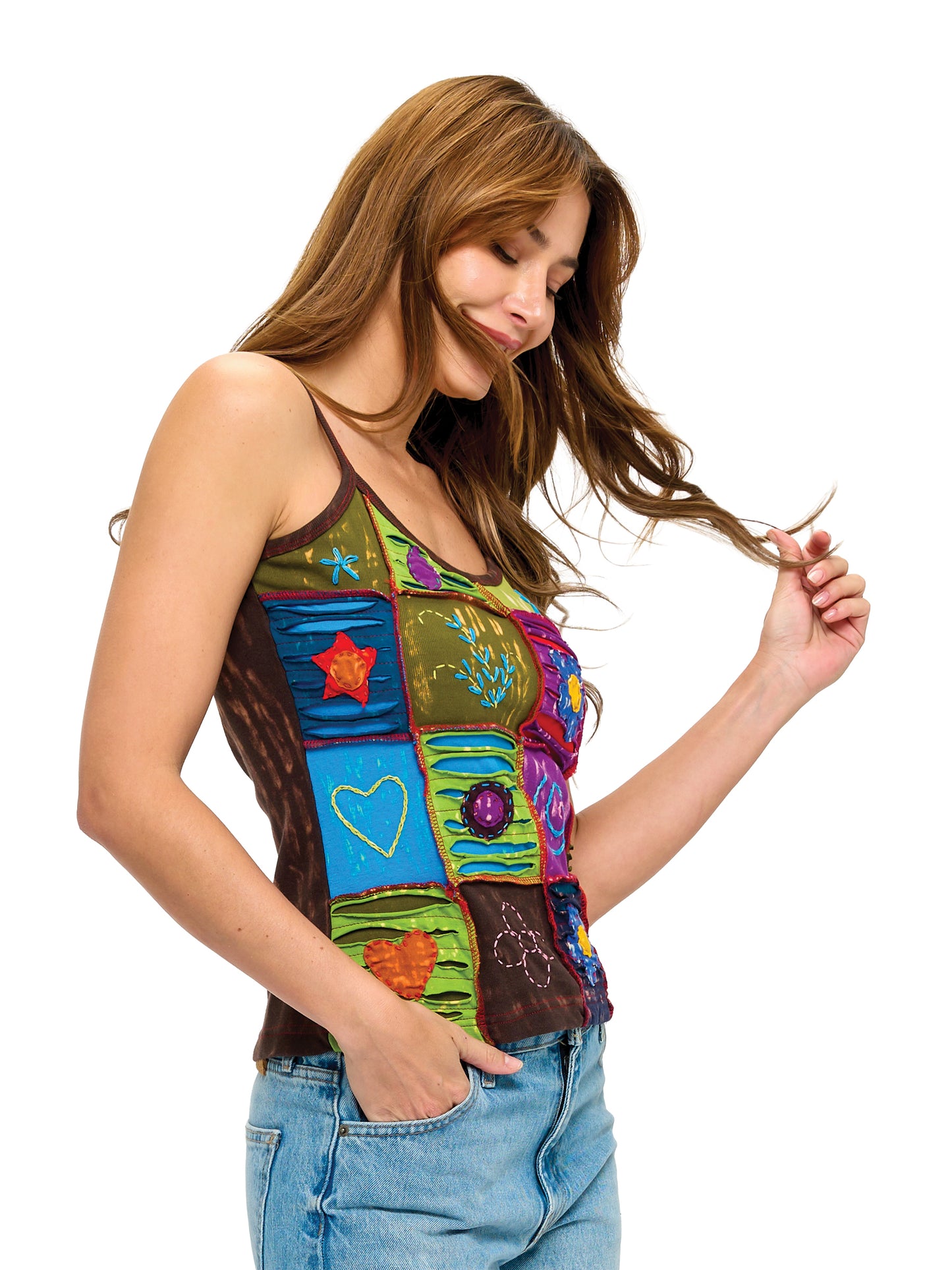 Boho Razor Cut Hand Embroidered Patch Tank Top