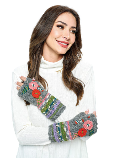 Knit Fingerless Gloves Floral Crochet Details