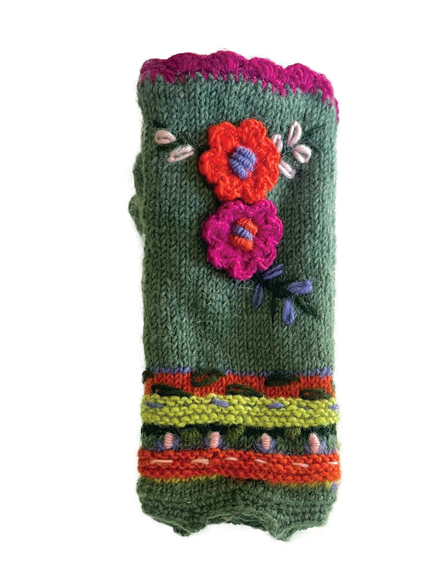 Knit Fingerless Gloves Floral Crochet Details