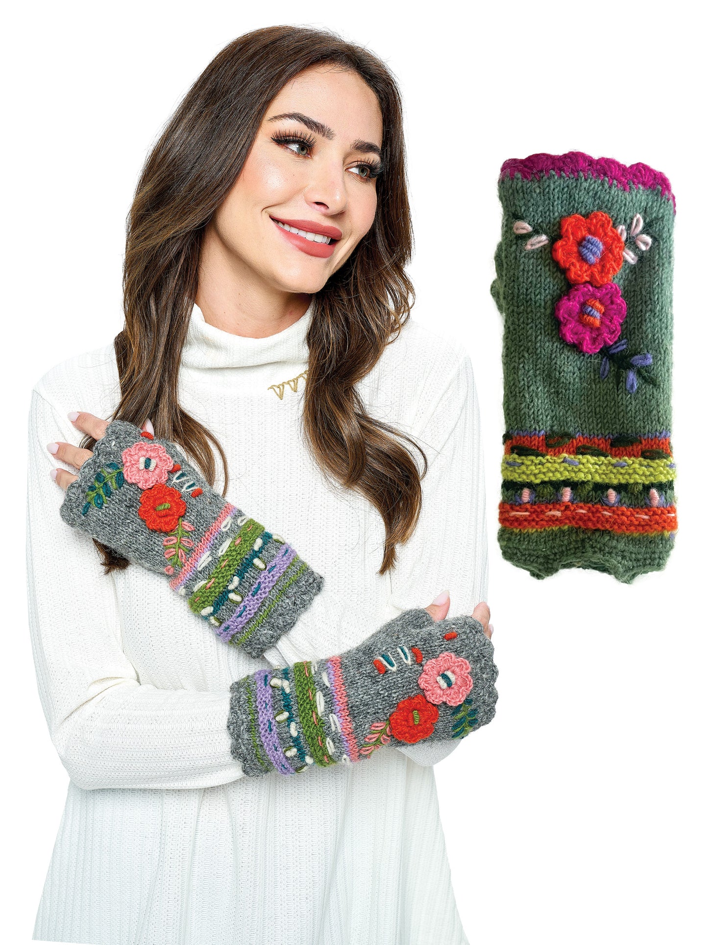 Knit Fingerless Gloves Floral Crochet Details