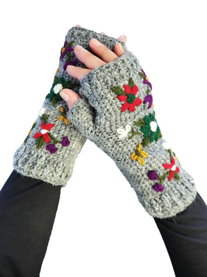 Handmade Knit Fingerless Floral Gloves