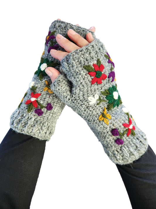 Handmade Knit Fingerless Floral Gloves