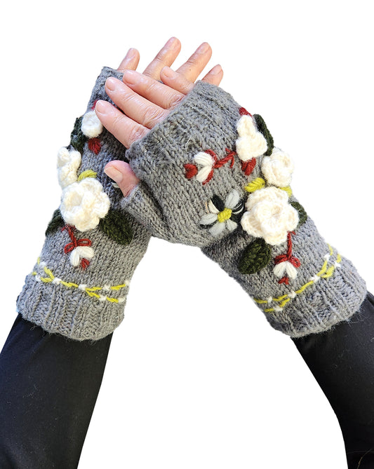 Handmade Knit Fingerless Floral Gloves