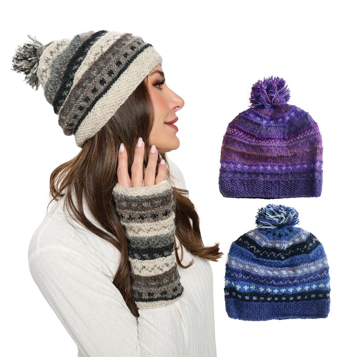 Knit Beanie Fleece Lined Striped Tribal