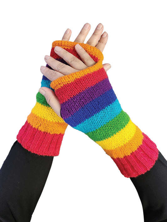 Fingerless Gloves Rainbow Fleece Lined