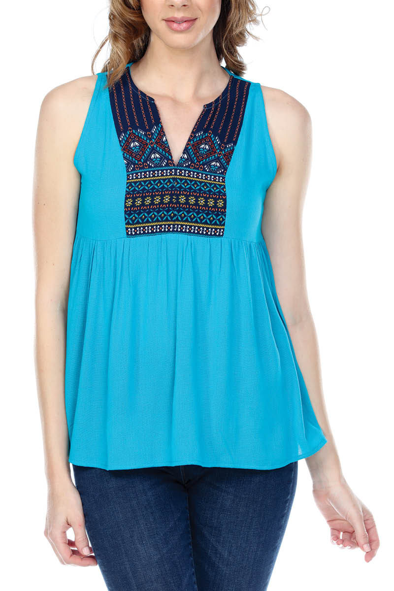 Top Tribal Print Panel V-Neck