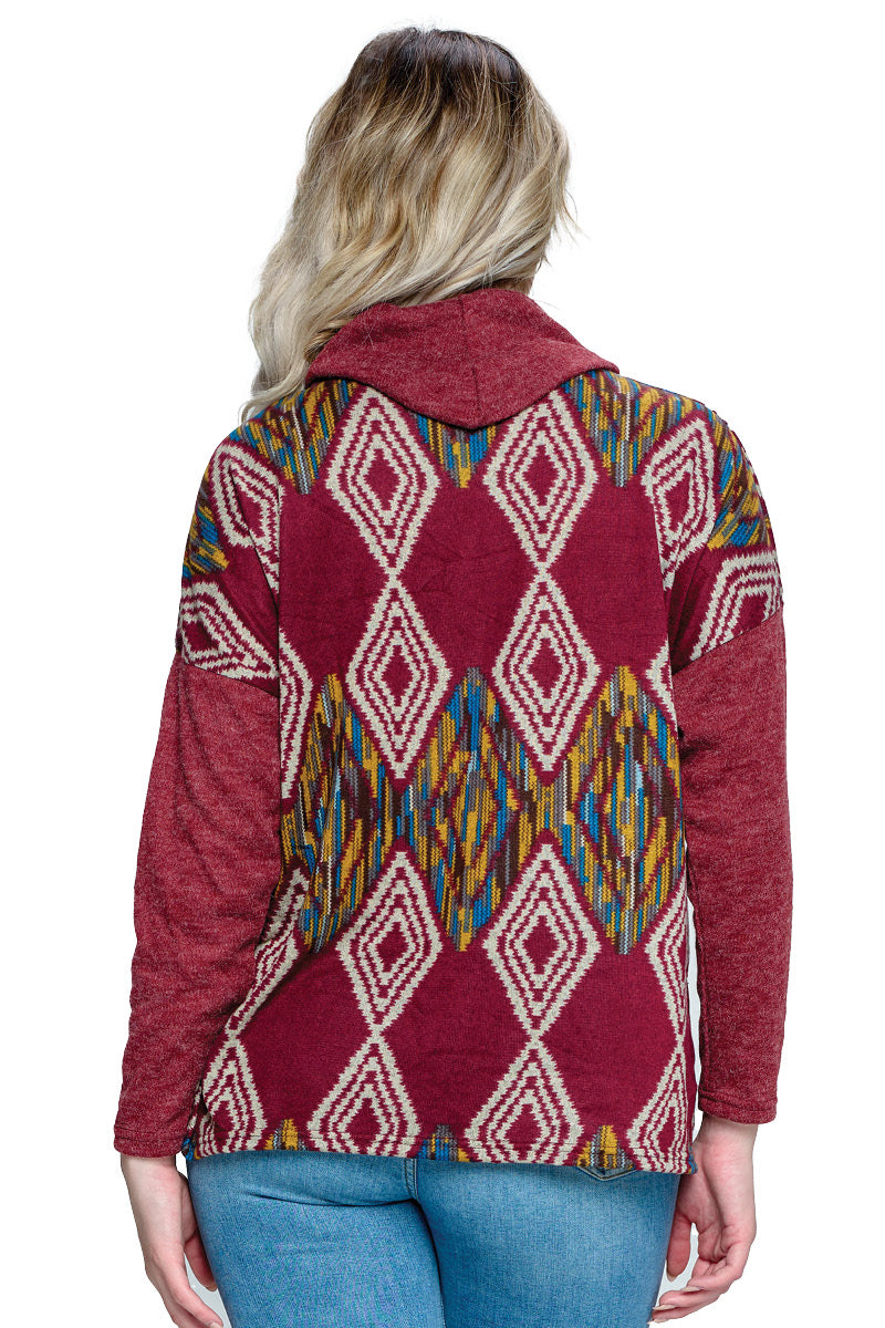 Sweater Tribal Print Cowl Neck