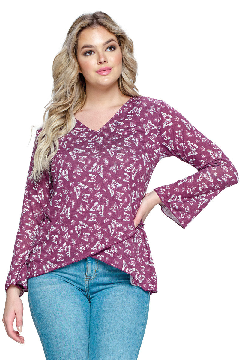 Top Butterfly Print Crossover Hem