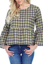 Women’s Clothing | Woman's Contemporary Fashion | Plaid Cotton Top Bell Sleeves Ruffle Waist