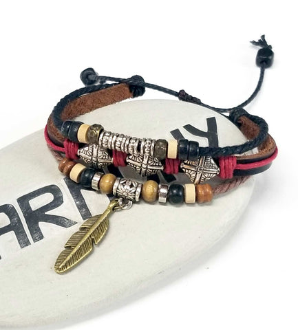 Yaknyeti Accessories | Bracelet Multi Layer Leather Beads Feather Charm Adjustable | Mala